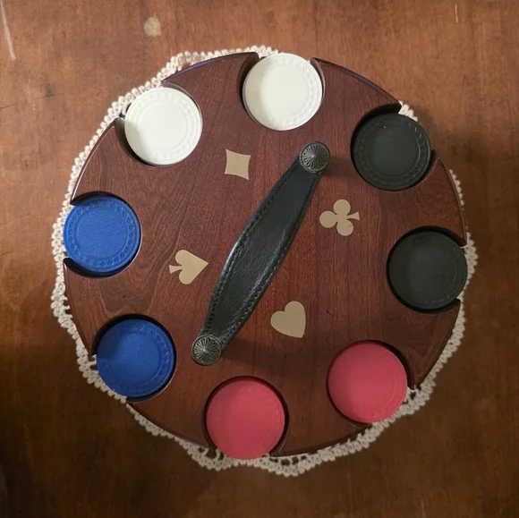 BOMBAY ♠️ Wooden Poker Chip Handle Carousel Caddy w/RedBlueWhite & Black Chips